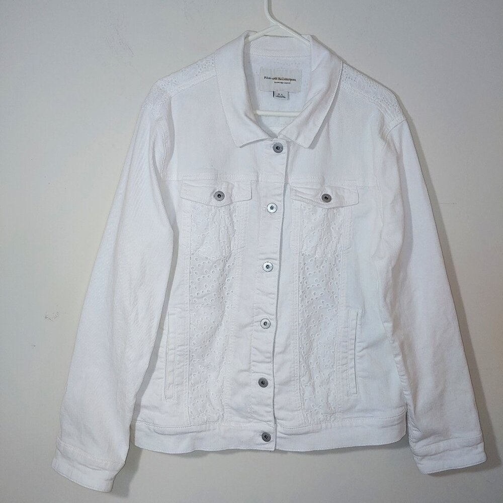 Pilcro and The Letterpress Stretch Denim & Eyelet Panels Trim Jacket Sz L White